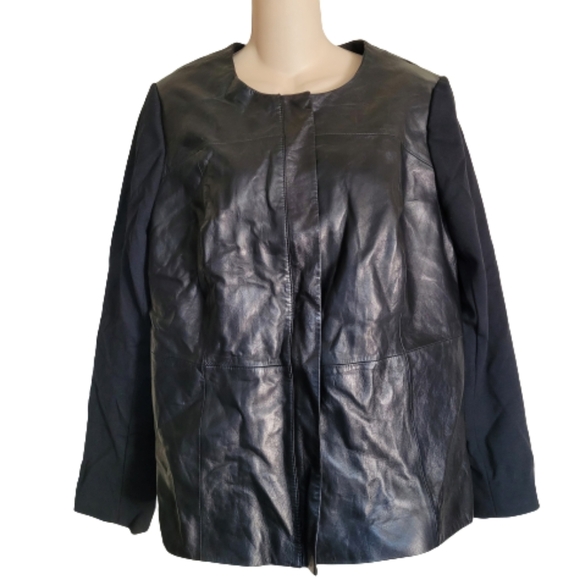 Talbots Black Lamb Skin Leather Jacket with Knit Sleeves Size Women's 12W - Picture 2 of 14